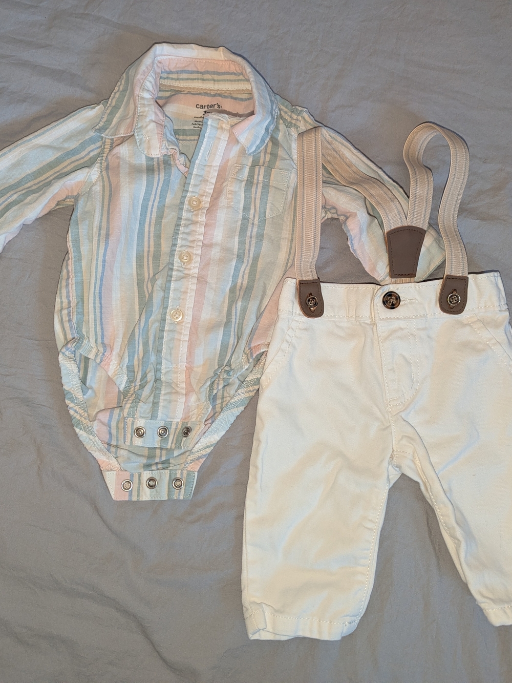 Carter's Baby 3 Piece Set- Cream Pants, Suspenders and Button down Bodysuit